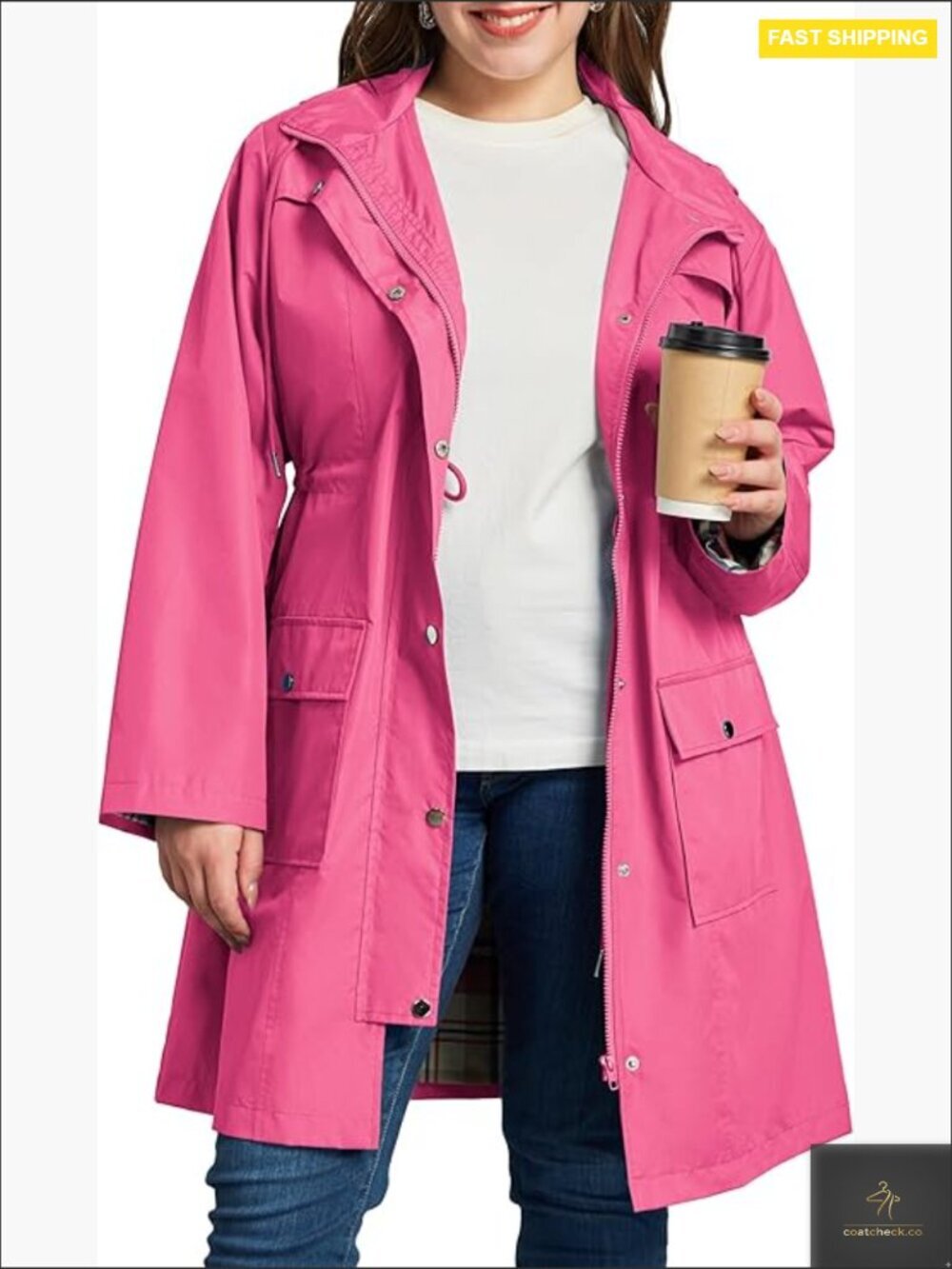 Plus Size Rain Jacket Waterproof Windbreaker Hooded Trench Coat with Pockets
